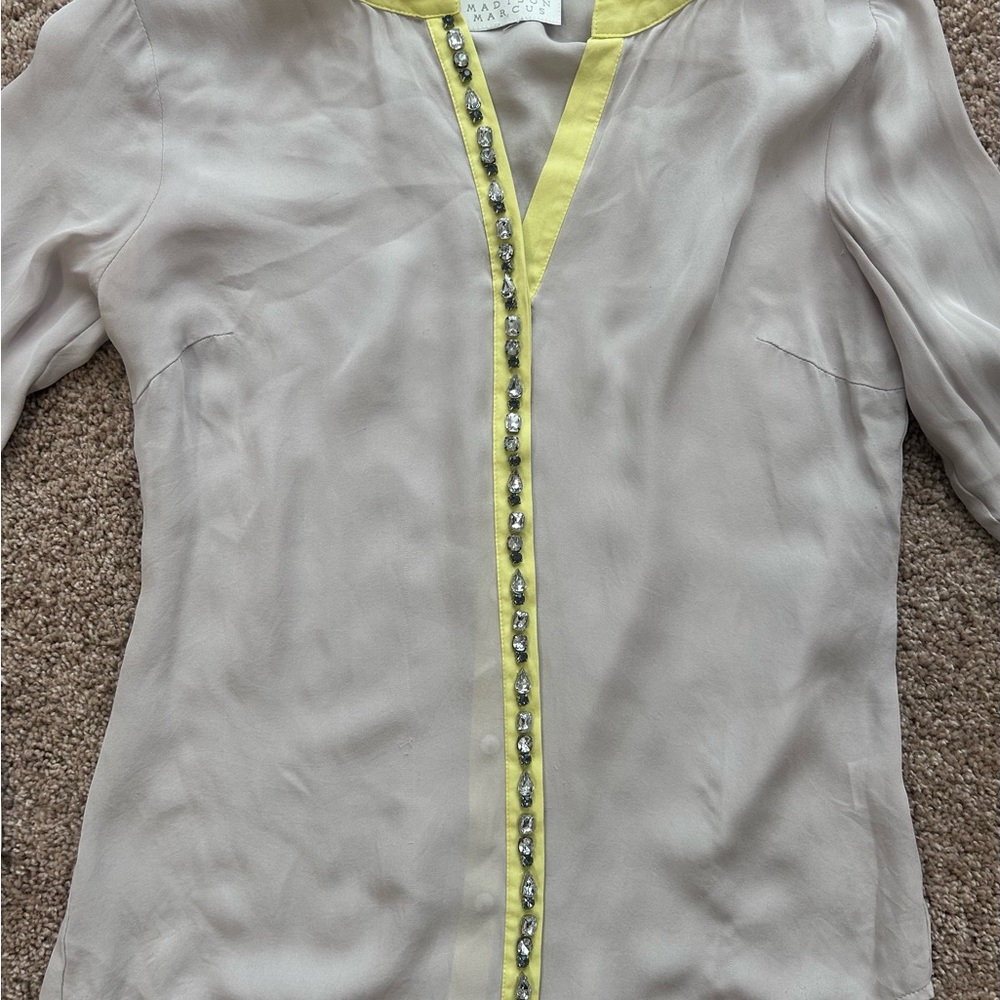 Madison Marcus Gray and Chartreuse Silk Blouse with Crystal Embellishment